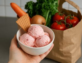 Färgglada, skiktade glassdesserter med vispgrädde och bär i glas.