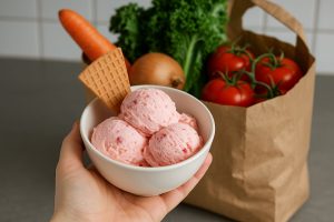 Färgglada, skiktade glassdesserter med vispgrädde och bär i glas.