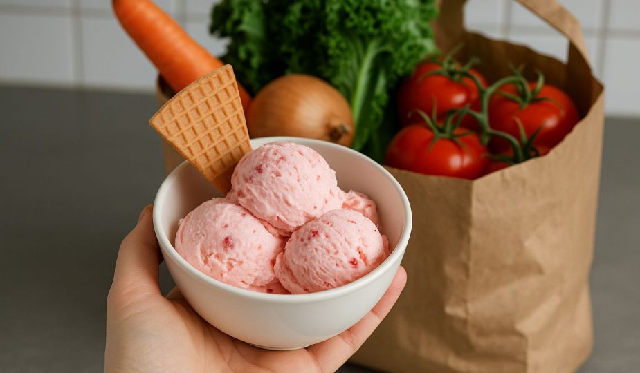 Färgglada, skiktade glassdesserter med vispgrädde och bär i glas.